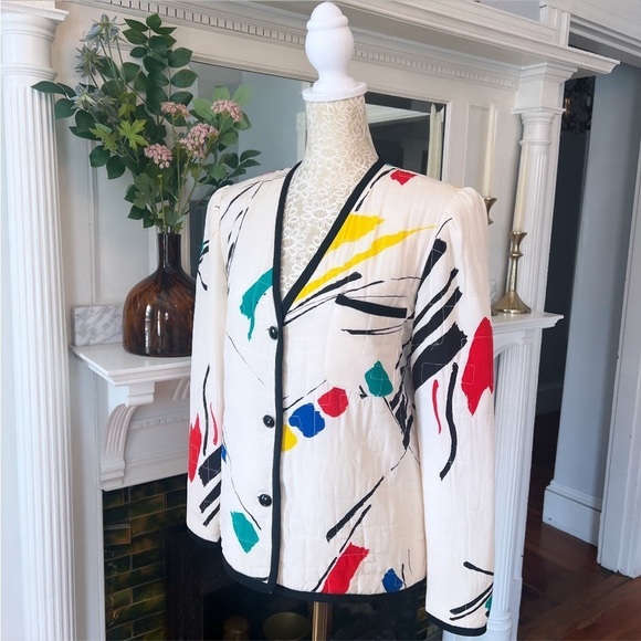 VINTAGE LEVINO VERNA 100% Silk White & Multi Color Abstract Print‎ Jacket Size 4 - Picture 3 of 16